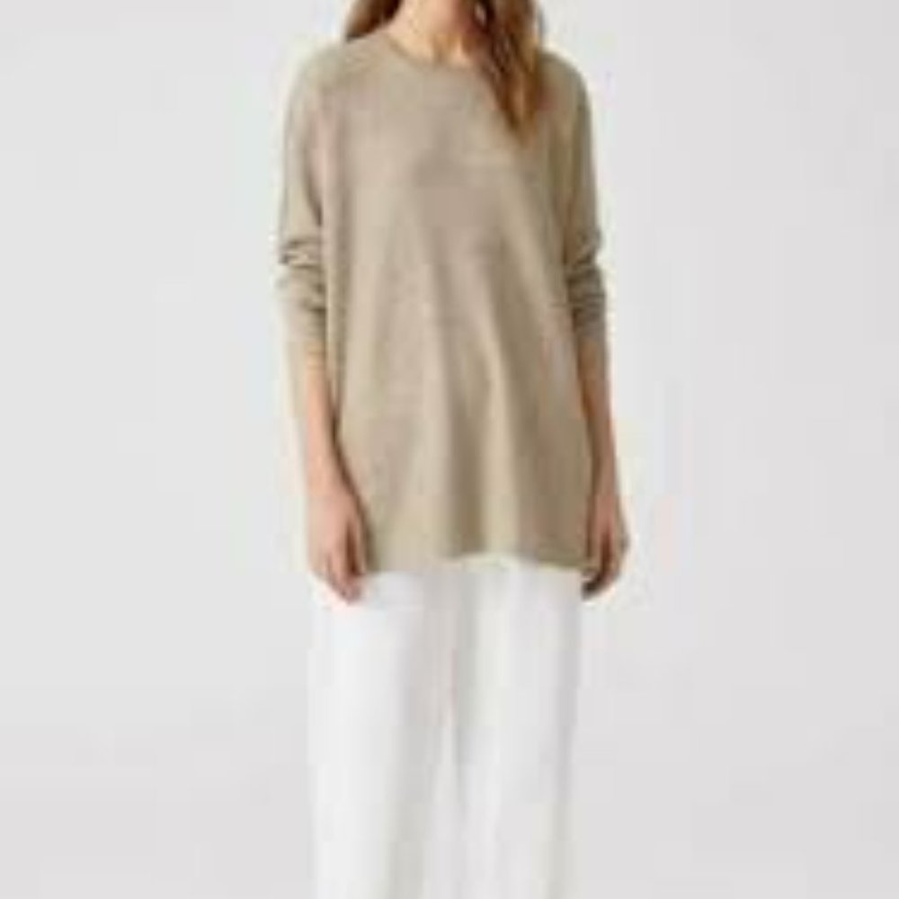 NWT Eileen Fisher Khaki Organic Linen Round Neck Tunic MSRP$198